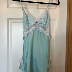 Jezebel Lace Trim Satin Chemise - Light Blue and White